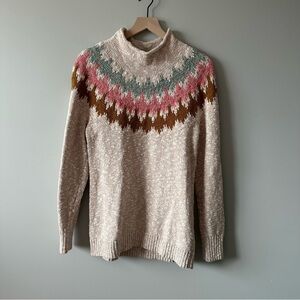 LL Bean Tan Pink Green Fair Isle Nordic Mock Neck Sweater Womens S Cotton Ragg